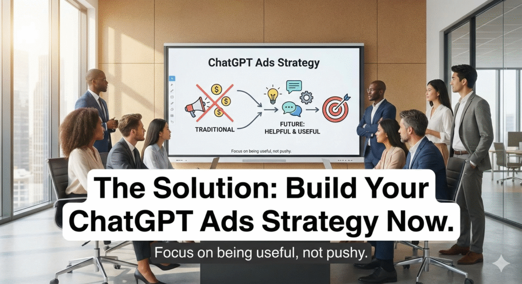 The Solution Build Your ChatGPT Ads Strategy NowAlright, let's fix this before your competitors leave you behind.The good news You don't need a massive budget to win at ChatGPT Ads. You need a different approach , one focused on being useful instead of being pushy