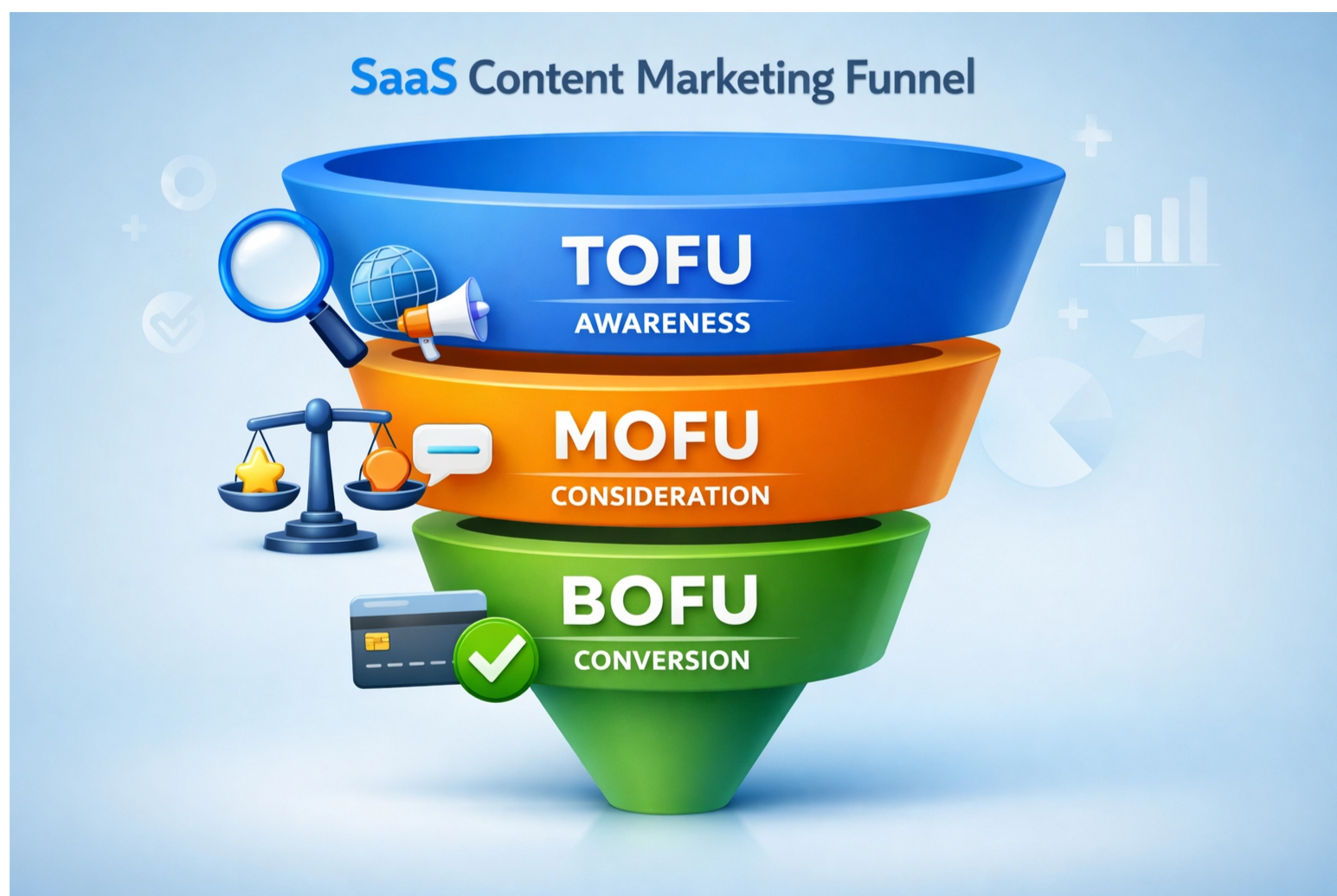 3D infographic illustrating the SaaS content marketing funnel, clearly segmented into Top of Funnel (TOFU) for Awareness, Middle of Funnel (MOFU) for Consideration, and Bottom of Funnel (BOFU) for Conversion, with relevant icons for each stage.