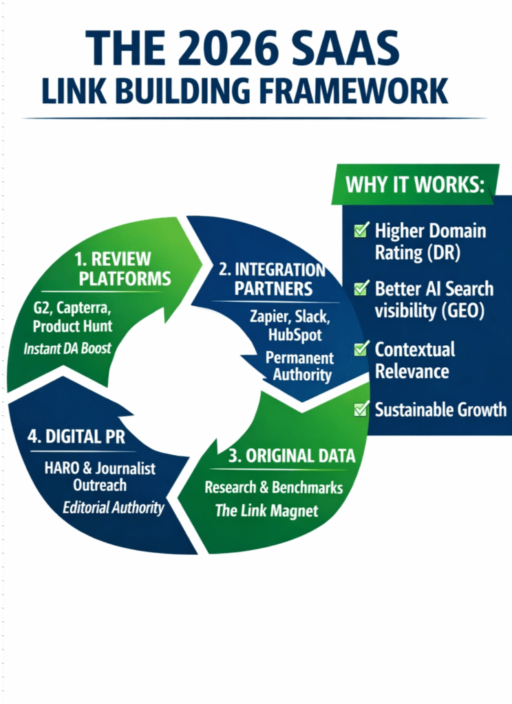 SaaS Link Building Benchmarks 2026" in eGreen Revolution brand colors (dark blue and green). It features a data table comparing link building tactics: Review Platforms, Integrations, Original Research, and HARO/PR, across metrics like Avg Links/Mo, Typical DR, and Time Investment. A "Mapping to the Funnel" section illustrates how different tactics align with TOFU (Data & Research), MOFU (Comparison Pages), and BOFU (Integration Listings) stages of the SaaS marketing funnel.