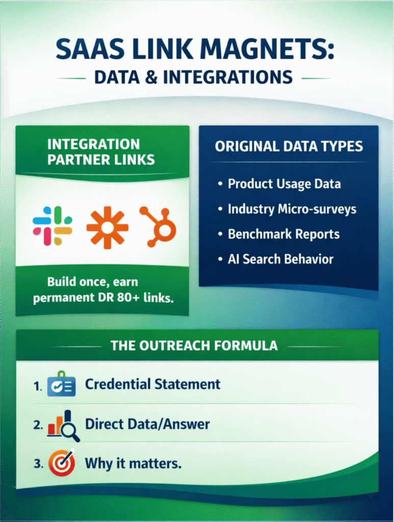 "SaaS Link Magnets: Data & Integrations" in eGreen Revolution brand colors (dark blue and green). The left section, "Integration Partner Links," shows icons for Slack, Zapier, and HubSpot, with text "Build once, earn permanent DR 80+ links." The right section, "Original Data Types," lists: Product Usage Data, Industry Micro-surveys, Benchmark Reports, and AI Search Behavior. The bottom section, "The Outreach Formula," outlines three steps: 1. Credential Statement, 2. Direct Data/Answer, and 3. Why it matters.