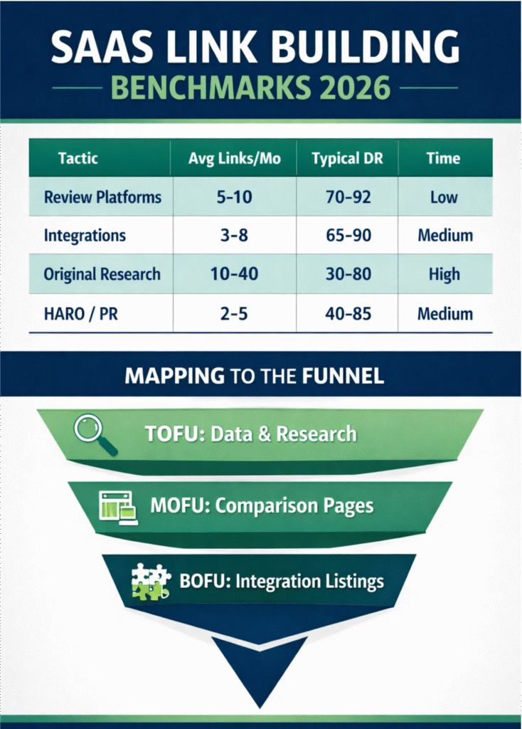SaaS Link Building Benchmarks 2026" in eGreen Revolution brand colors (dark blue and green). It features a data table comparing link building tactics: Review Platforms, Integrations, Original Research, and HARO/PR, across metrics like Avg Links/Mo, Typical DR, and Time Investment. A "Mapping to the Funnel" section illustrates how different tactics align with TOFU (Data & Research), MOFU (Comparison Pages), and BOFU (Integration Listings) stages of the SaaS marketing funnel.