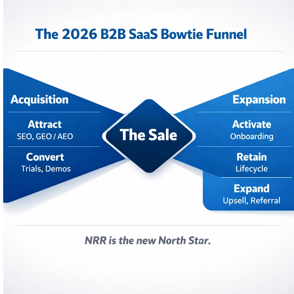Table showing 2026 Net Revenue Retention (NRR) Benchmarks for US B2B SaaS. Columns are 'NRR Range,' 'Business Signal,' and 'Marketing Action.' Rows detail NRR ranges (140%+, 120-139%, 100-119%, Below 100%) with corresponding business signals (Category Leader, High Growth, Healthy Baseline, Revenue Leaking) and marketing actions (Scale Aggressively, Expand PLG Moats, Optimize Onboarding, Fix Churn First).