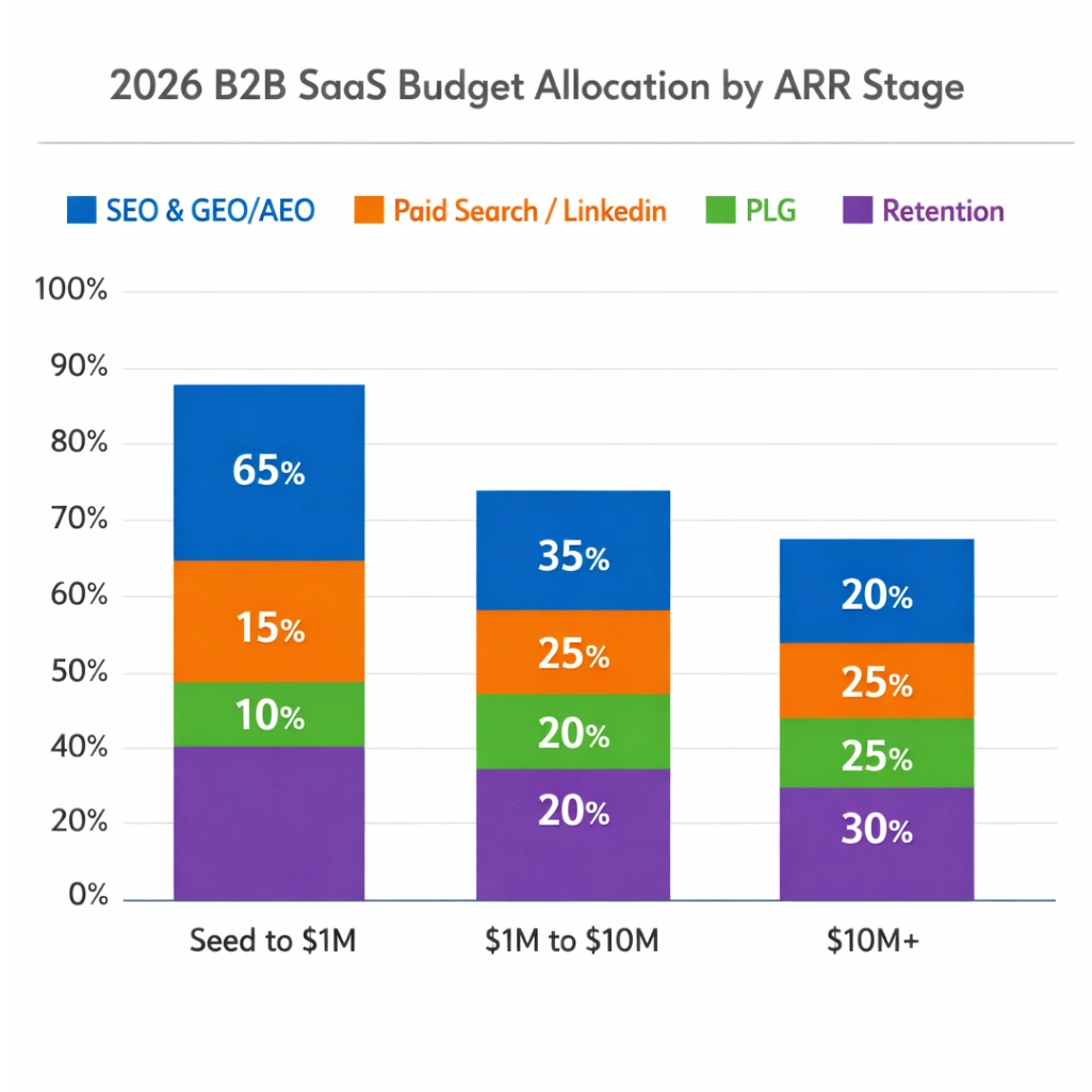 Stacked bar chart illustrating 2026 B2B SaaS Marketing Budget Allocation by ARR Stage. The X-axis shows ARR stages: 'Seed to $1M,' '$1M to $10M,' and '$10M+.' The legend indicates budget categories: SEO & GEO/AEO, Paid Search/LinkedIn, PLG, and Retention. The chart shows SEO/GEO/AEO dominating early-stage budgets and a more balanced mix as ARR increases