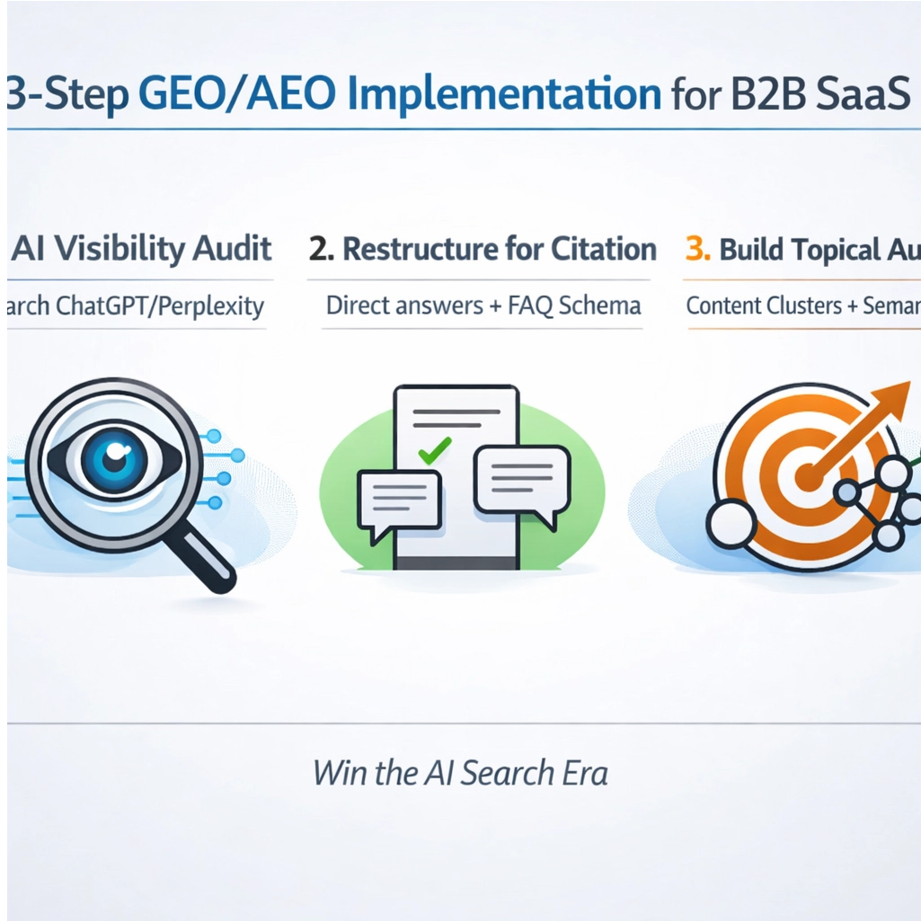 Infographic detailing the 3-Step Generative Engine Optimization (GEO) and Answer Engine Optimization (AEO) Implementation for B2B SaaS. Step 1: 'AI Visibility Audit' (Search ChatGPT/Perplexity). Step 2: 'Restructure for Citation' (Direct answers + FAQ Schema). Step 3: 'Build Topical Authority' (Content clusters + Semantic links). A footer reads, 'Win the AI Search Era.