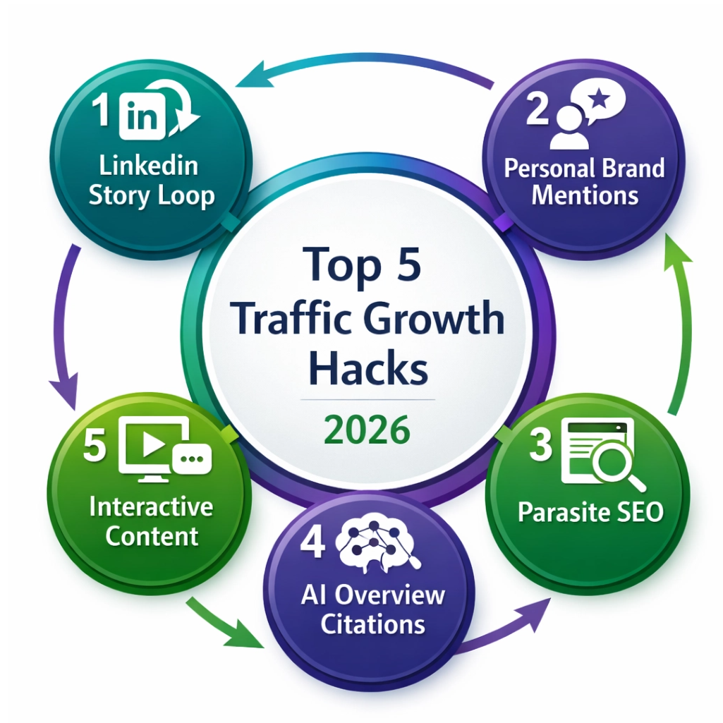 Top 5 Traffic Growth Hacks: "Circular infographic of the top 5 traffic growth hacks for 2026."