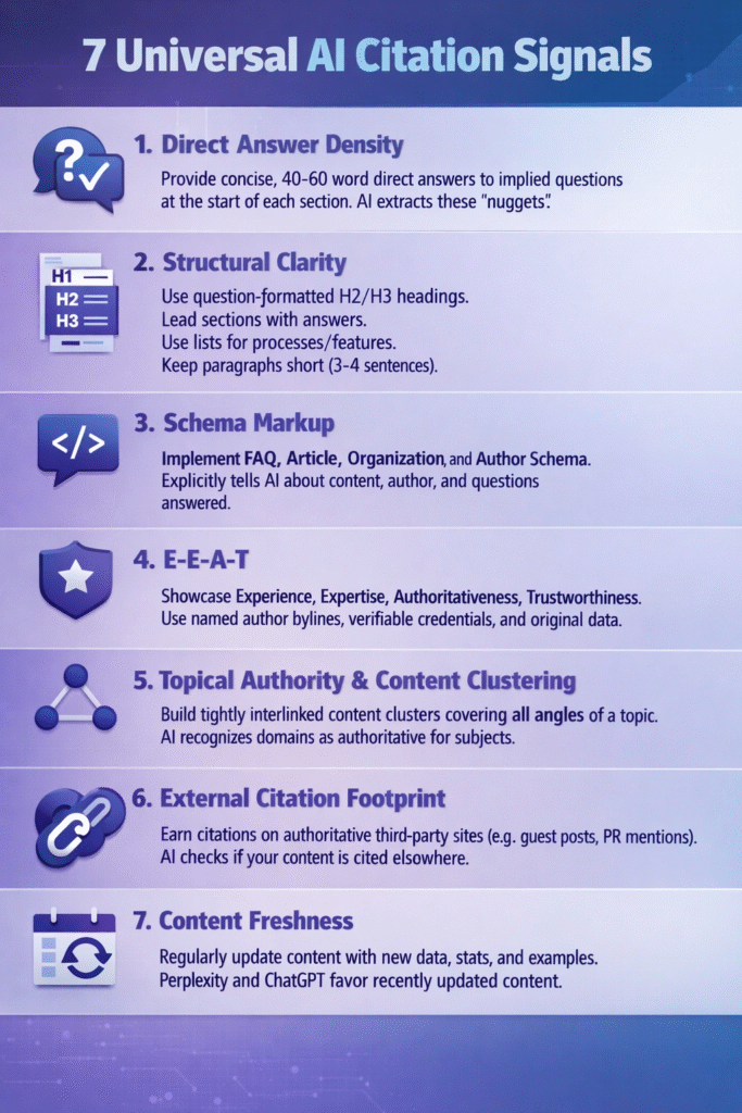 Lite
Main aapke liye in trending questions par mabni images create karta hoon. Iske liye main generate mode ka istemal karunga.
I discovered seven core citation signals for AI visibility: clear direct answers, structured content, schema markup, E-E-A-T, topical authority, external citations, and content freshness. Next, I'll create visual assets based on these insights.Created infographics on the 7 AI citation signals and platform citation comparison, highlighting key signals like direct answers, schema, and recency, to guide content optimization.Lite
Maine aapke diye gaye content ke aadhar par do infographics banaye hain:
7 Universal AI Citation Signals: Yeh infographic un saat mukhya signals ko darshata hai jo sabhi AI systems mein citation ki sambhavna badhate hain. Ismein Direct Answer Density, Structural Clarity, Schema Markup, E-E-A-T, Topical Authority, External Citation Footprint, aur Content Freshness shamil hain.
How Each AI Platform Decides What to Cite: Yeh infographic alag-alag AI platforms (Google AI Overviews, Perplexity AI, ChatGPT, Claude, Gemini) ke citation models, primary signals, real-time vs. training data, aur crawl dependency ki tulna karta hai.
Yeh images aapke content ko visual roop se prastut karne mein madad karenge. Aap inhein attached files mein dekh sakte hain.
How was this result?
Built two infographics: one on the 7 AI citation signals and another comparing how various AI platforms determine citations, based on the blog content.muj alt text do inn dono images ka
Lite
Bilkul, yahan aapki dono images ke liye SEO-optimized aur descriptive alt text diye gaye hain:
1. 7 Universal AI Citation Signals Infographic
Alt Text:
"An infographic titled '7 Universal AI Citation Signals' outlining key strategies for AI search optimization. It lists seven signals: Direct Answer Density (40-60 word answers), Structural Clarity (question-formatted headings), Schema Markup (FAQ and Article schema), E-E-A-T (Expertise and Trustworthiness), Topical Authority (content clustering), External Citation Footprint (third-party mentions), and Content Freshness (regular updates). The design is modern with professional icons for each point.