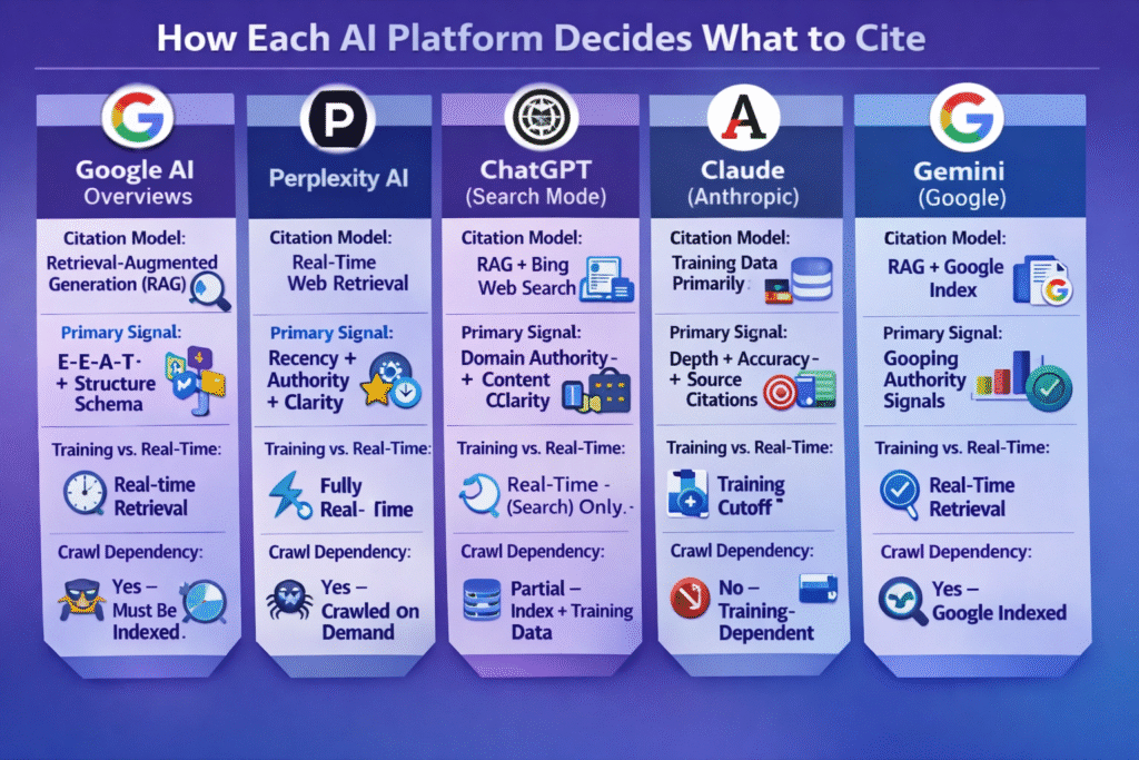 A comparative infographic titled 'How Each AI Platform Decides What to Cite' showing the citation models for Google AI Overviews, Perplexity AI, ChatGPT (Search Mode), Claude, and Gemini. It compares each platform based on Citation Model (RAG vs. Web Retrieval), Primary Signal (E-E-A-T, Recency, Authority), Training vs. Real-Time retrieval, and Crawl Dependency. The layout uses a clean column-based design with platform logos and descriptive icons.