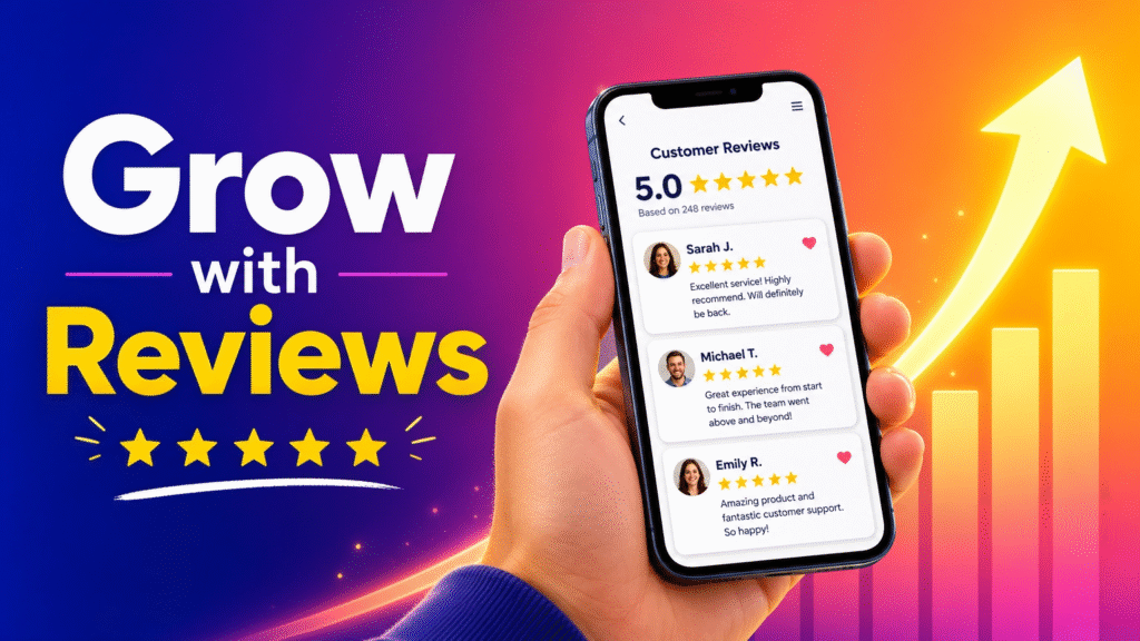 A creative illustration showing how positive customer reviews lead to business growth and visibility.