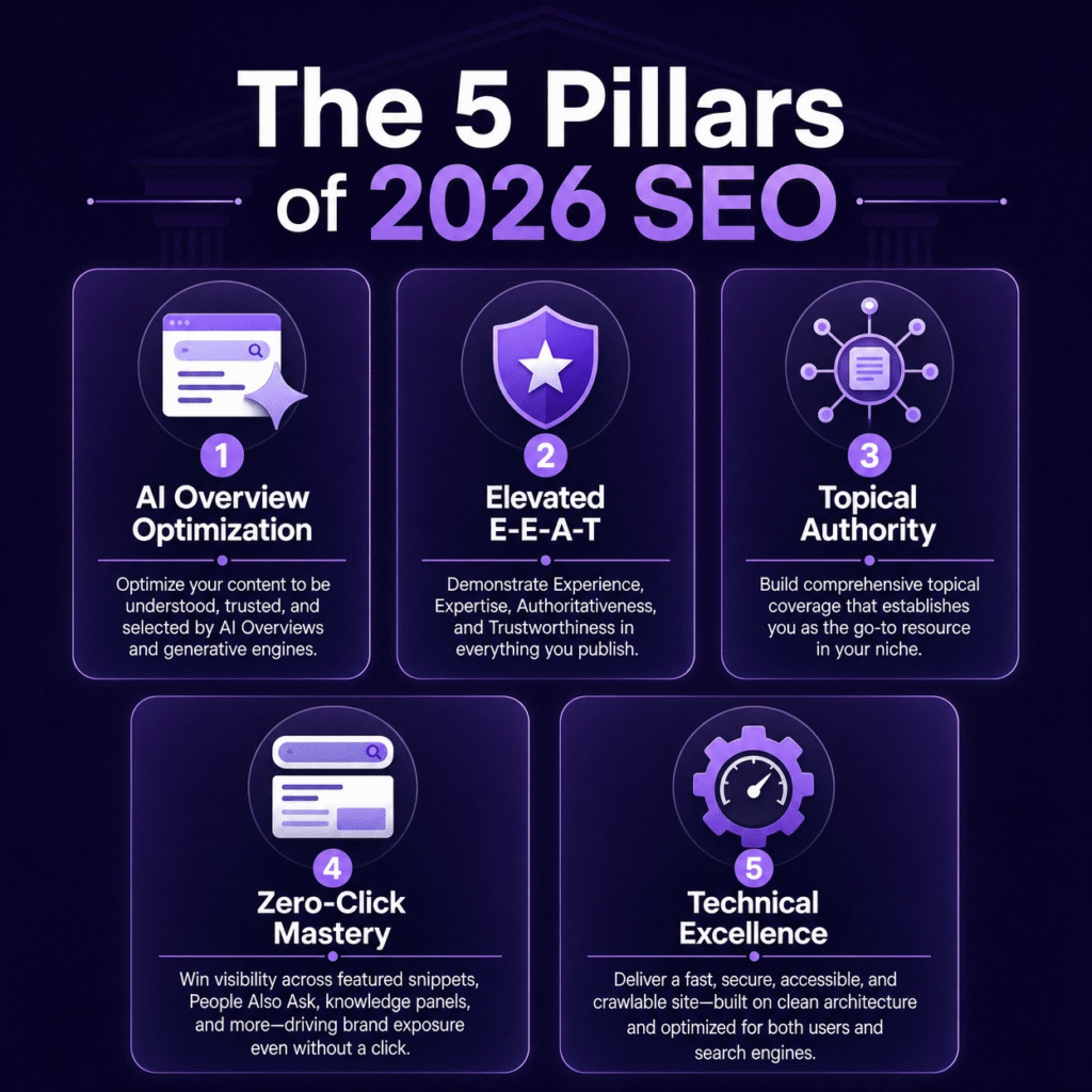 The Future of Search: Mastering 2026 SEO Major Changes and AI-First Ranking Strategies. A futuristic graphic with a glowing globe, search bar, and AI-related icons on a dark purple and blue background, representing advanced search and intelligent connectivity."
