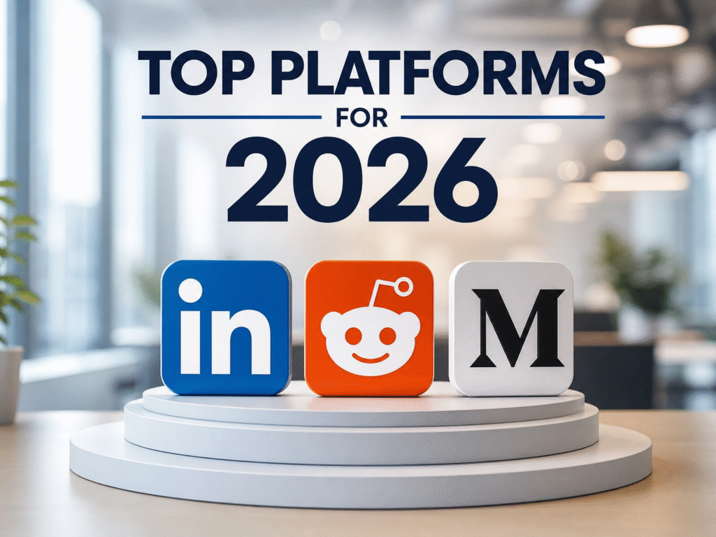 A 3D display featuring icons for LinkedIn, Reddit, and Medium on a white podium, with the text "TOP PLATFORMS FOR 2026" in the background.