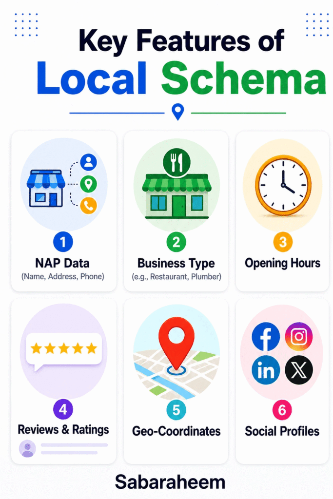 Alt Text: A professional infographic titled "Key Features of Local Schema" showcasing six essential elements: 1. NAP Data (Name, Address, Phone), 2. Business Type, 3. Opening Hours, 4. Reviews & Ratings, 5. Geo-Coordinates, and 6. Social Profiles. Each feature is represented by a clean icon.
