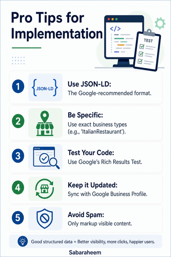 Alt Text: An instructional infographic titled "Pro Tips for Implementation" providing five actionable steps: 1. Use JSON-LD format, 2. Be Specific with business types, 3. Test Your Code with Google's tools, 4. Keep information updated, and 5. Avoid spam by only marking up visible content.