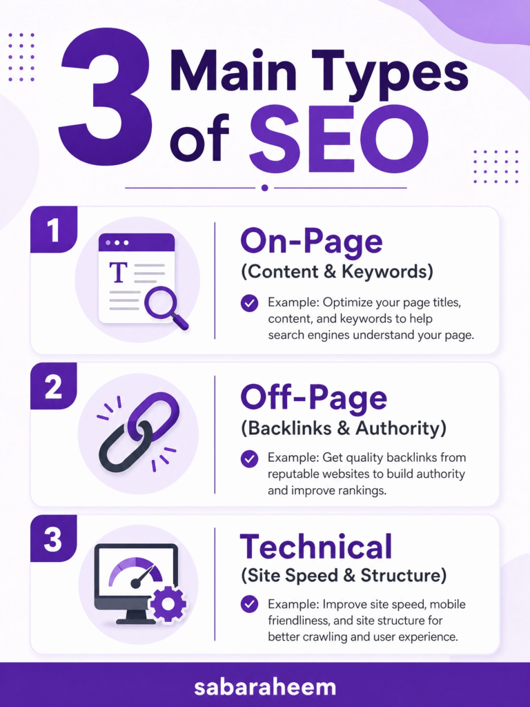 A clean infographic breakdown of the 3 main types of SEO: On-Page (Content & Keywords), Off-Page (Backlinks & Authority), and Technical (Site Speed & Structure). Each type includes a brief example and icon. Features a purple theme and "sabaraheem" footer