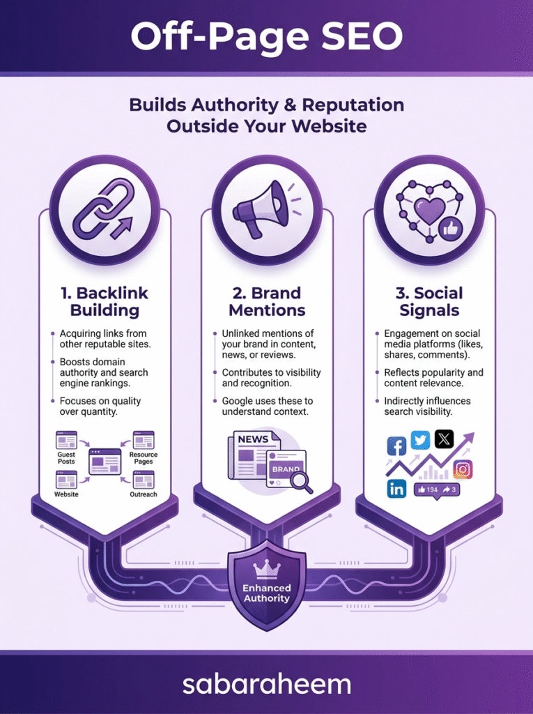 A high-quality business infographic titled "Off-Page SEO" illustrating the three pillars of external authority: Backlink Building, Brand Mentions, and Social Signals. It includes detailed icons for guest posts, news mentions, and social media platforms. Features a purple theme and "sabaraheem" footer.
