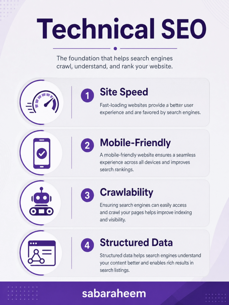 A professional infographic titled "Technical SEO" listing the foundation for search engine crawling and indexing: Site Speed, Mobile-Friendly design, Crawlability, and Structured Data. Each section has a modern icon and description. Includes a "sabaraheem" branding footer.
