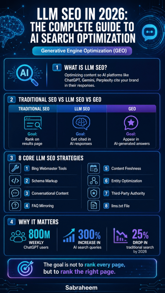 Discover the complete guide to LLM SEO and Generative Engine Optimization (GEO) in 2026. Learn 8 proven strategies to get cited by ChatGPT, Gemini & Perplexity.