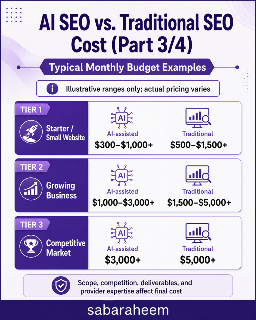 Purple infographic showing illustrative monthly budget ranges for AI-assisted SEO and Traditional SEO across starter websites, growing businesses, and competitive markets. Actual prices may vary.