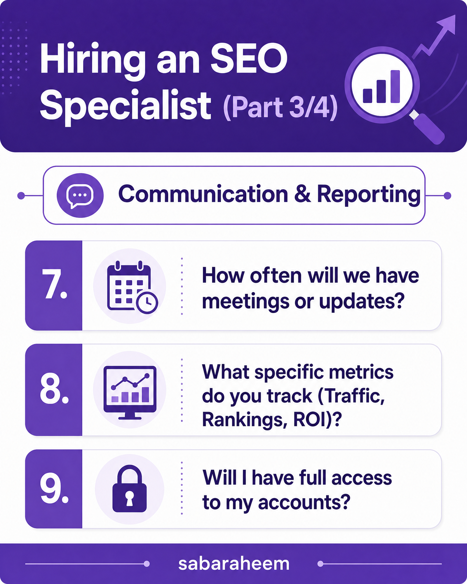 Infographic titled 'Hiring an SEO Specialist (Part 3/4)' highlighting questions regarding meeting frequency, tracked metrics like ROI, and account access transparency.