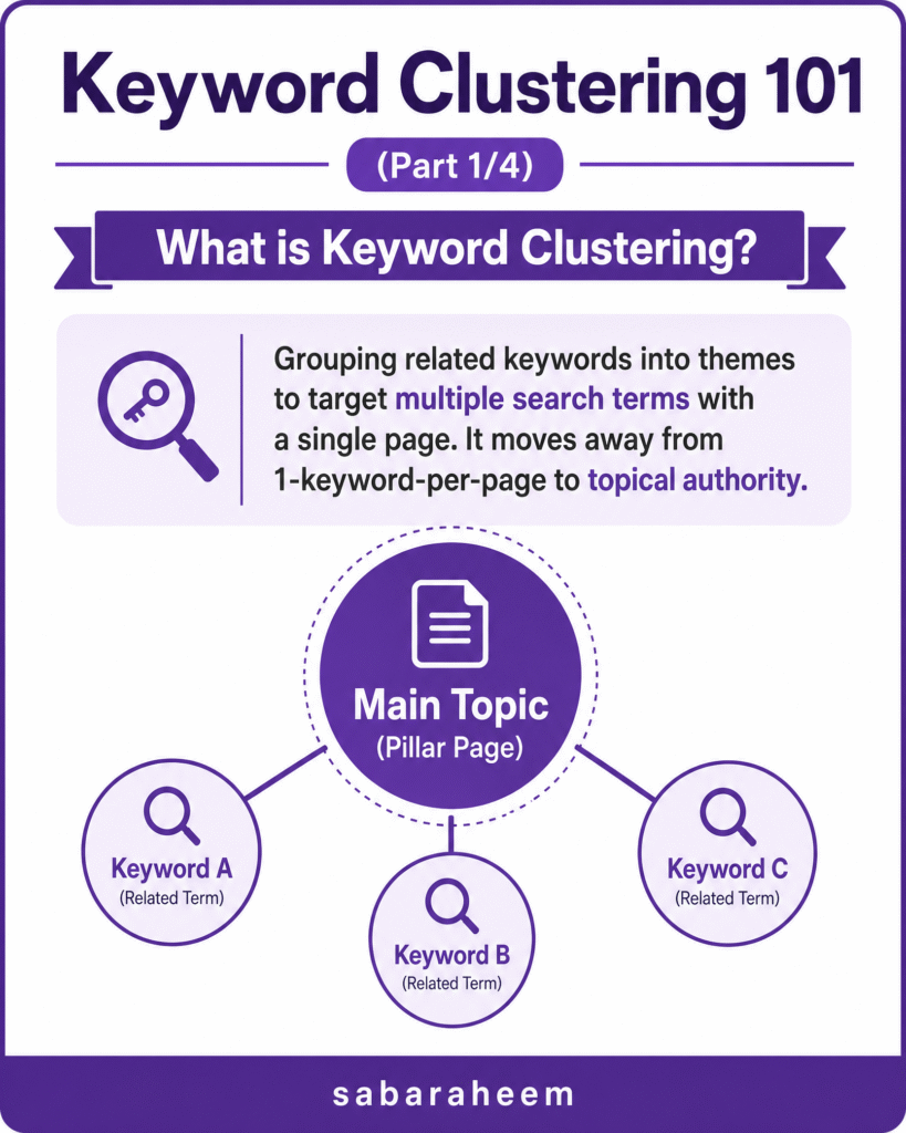A simple 4-step guide to keyword clustering: from deep research and intent grouping to creating pillar pages and smart internal linking.