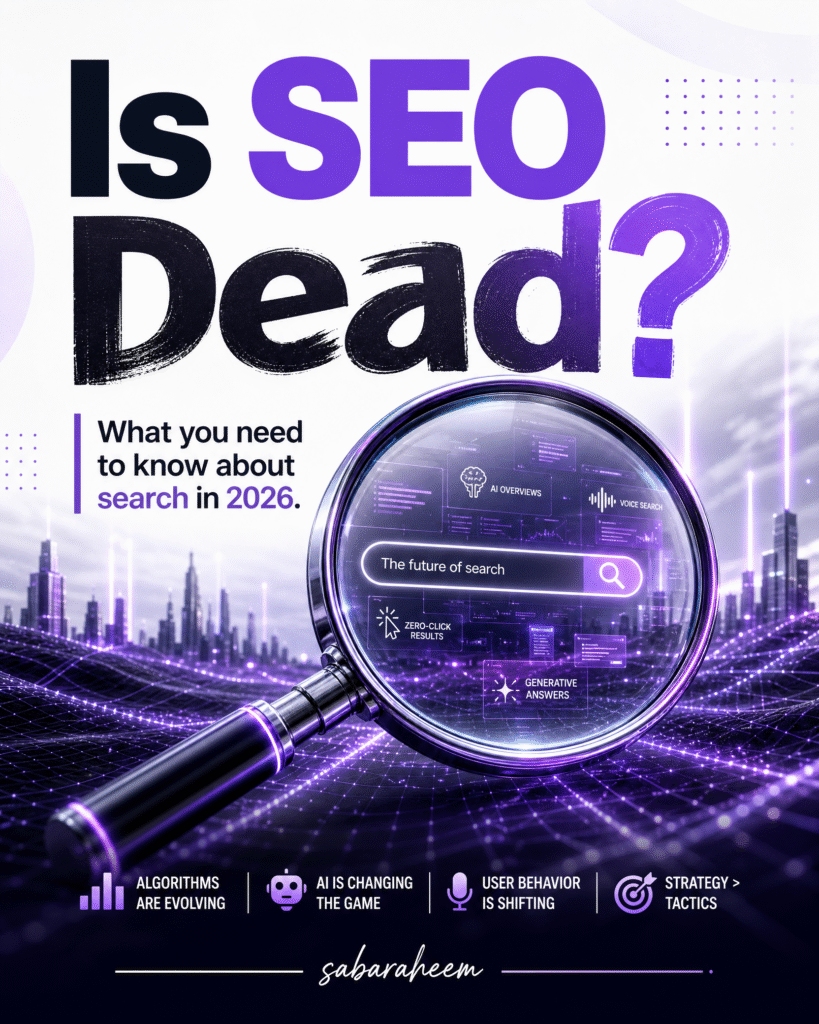 A motivational infographic titled "The Winning Strategy" featuring a rocket ship launching into space. It lists four pillars: User Intent, Building a Brand, Optimizing for AI, and Human-First Content, ending with the quote "SEO isn't dead, it's evolving."