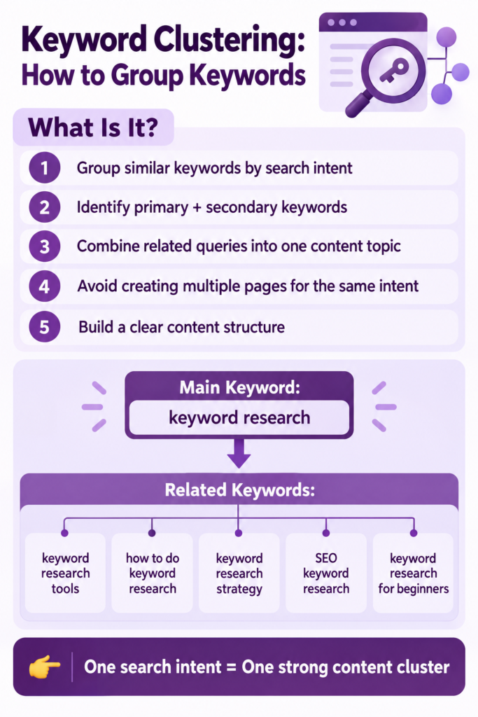 Purple infographic explaining keyword clustering: group keywords by search intent, choose primary and secondary terms, and organize related “keyword research” searches into one content cluster. Bottom tip: “One search intent = One strong content cluster.”