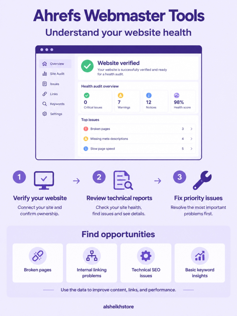 Purple infographic showing how Ahrefs Webmaster Tools helps verify a website, review technical SEO reports, find broken pages and internal linking problems, and improve website health.