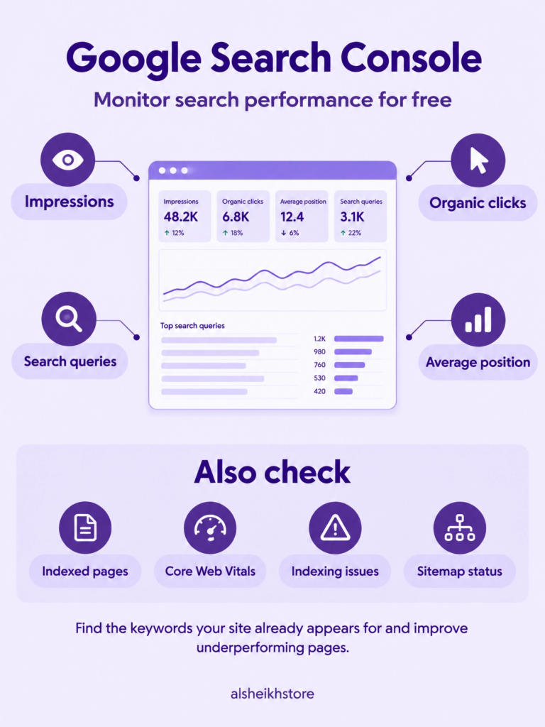 Purple infographic explaining how Google Search Console helps monitor impressions, organic clicks, average position, search queries, indexed pages, Core Web Vitals, indexing issues, and sitemap status.