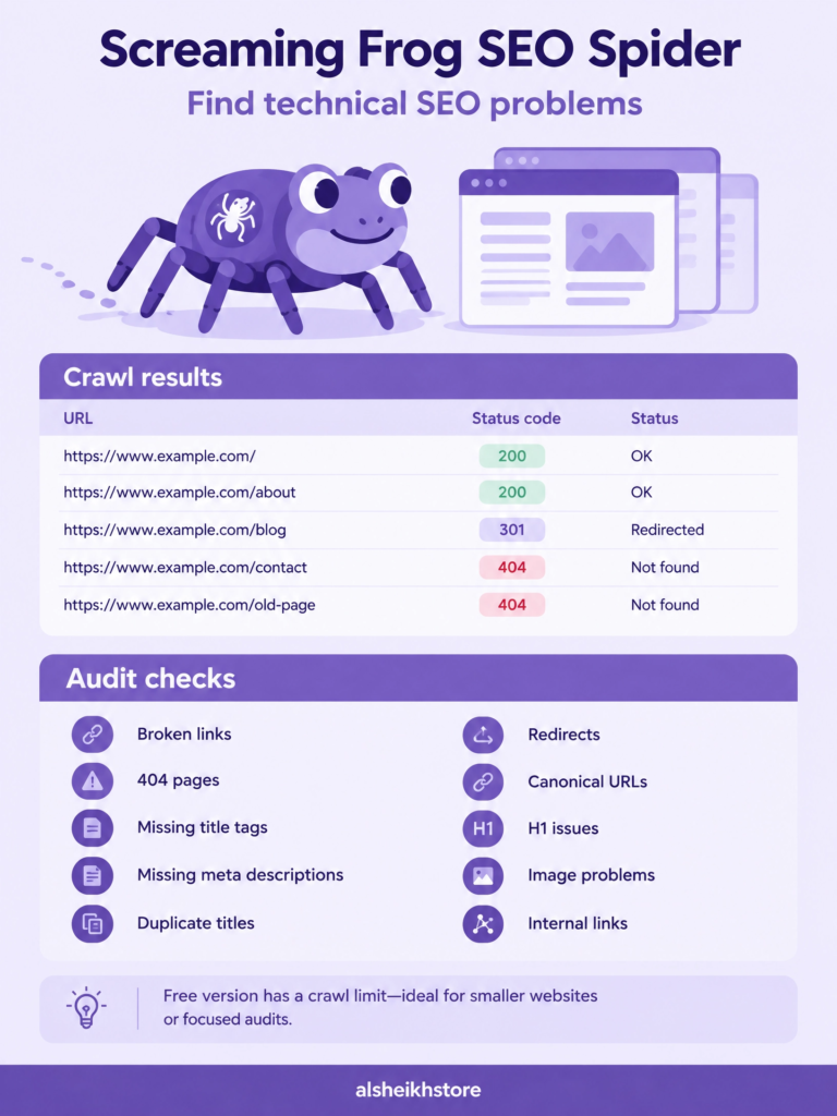 Purple infographic explaining how Screaming Frog SEO Spider identifies technical SEO problems, including broken links, 404 pages, missing titles, duplicate titles, redirects, canonical issues, and internal linking problems.