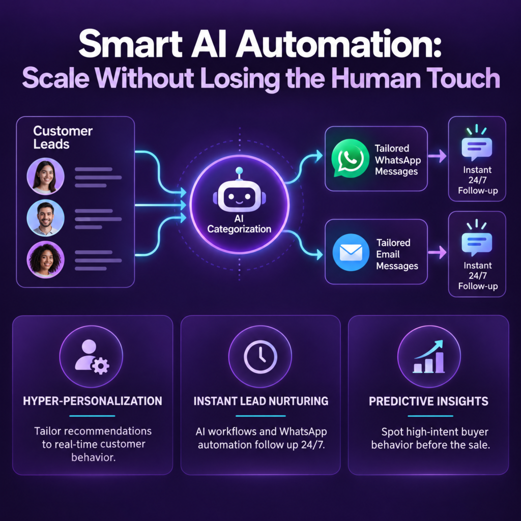 purple infographic showing customer leads flowing into an AI system, which categorizes them and sends tailored WhatsApp or email follow-ups. It highlights personalization, 24/7 lead nurturing, and predictive insights.