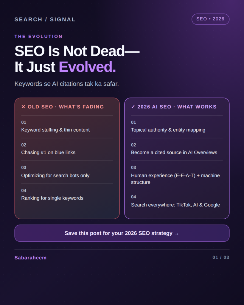 Purple-themed four-step 2026 SEO action plan: write for questions and user intent; build entity and schema signals; be discoverable across platforms; and focus on revenue and brand citations. Includes a prompt to comment “SEO2026” for the full strategy guide.