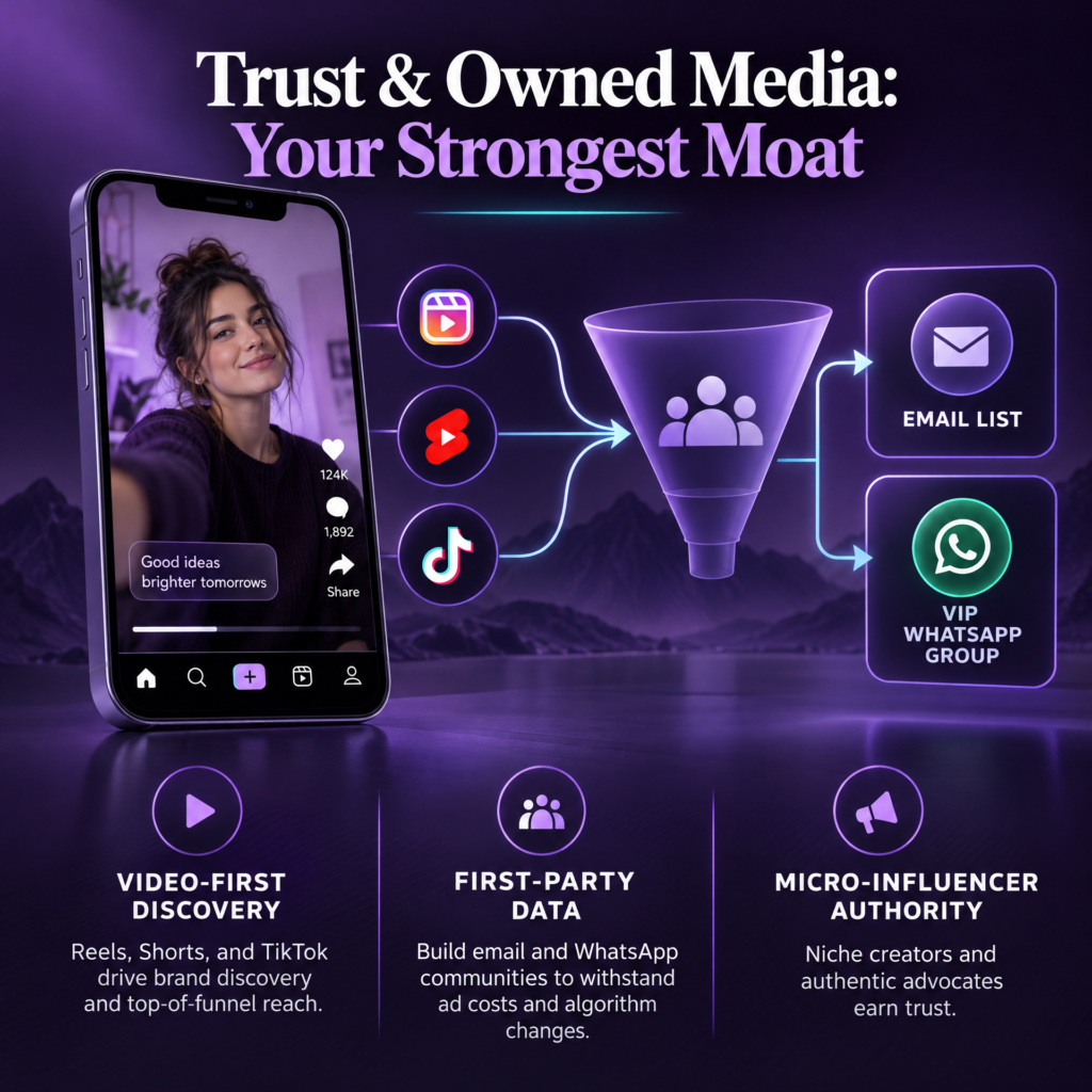 Purple infographic featuring a smartphone with short-form video connected to an email list and VIP WhatsApp community. It highlights video discovery, first-party data, and trust in micro-influencers.